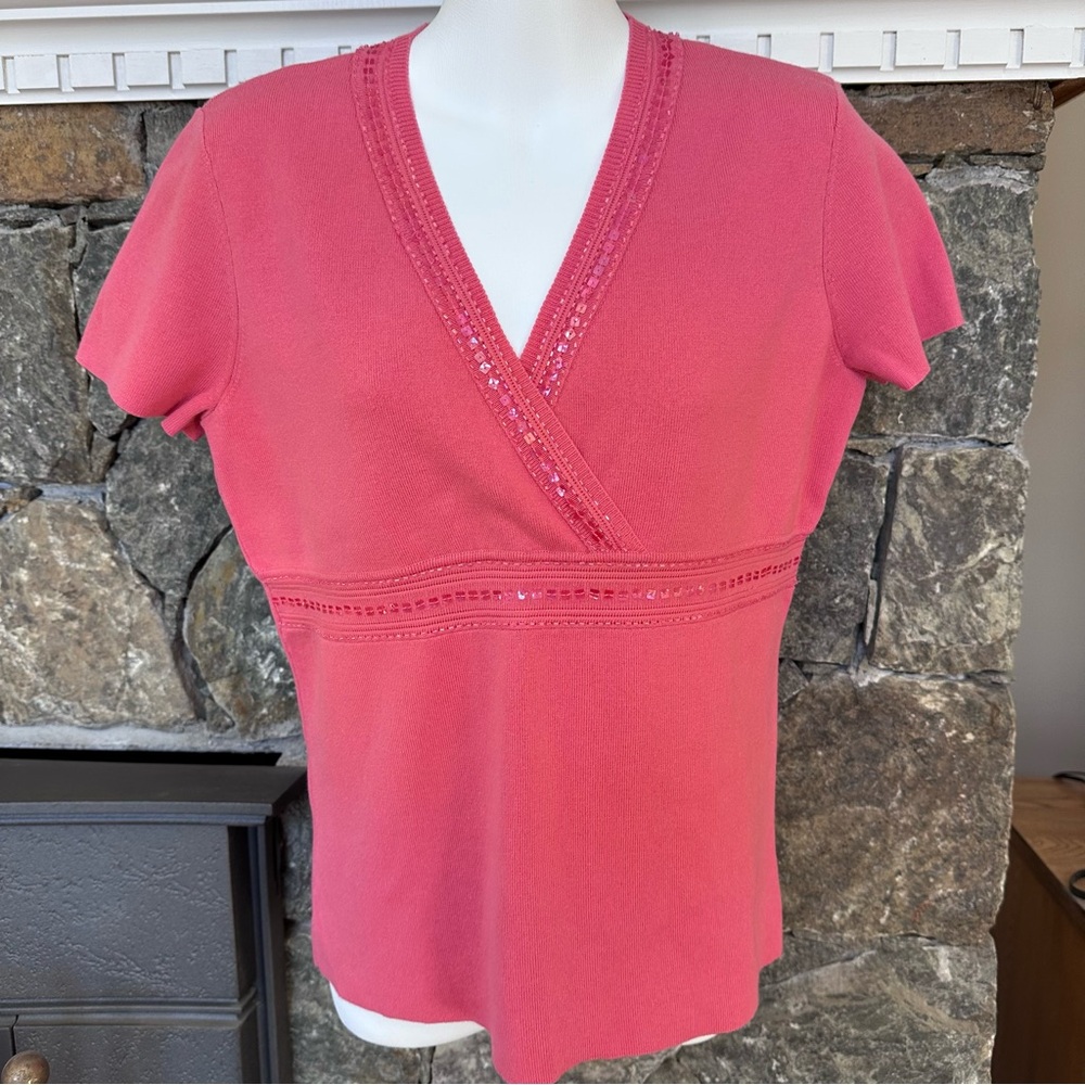 Emma James Coral Pink V-Neck Sweater with Beading and sequin accents Size M